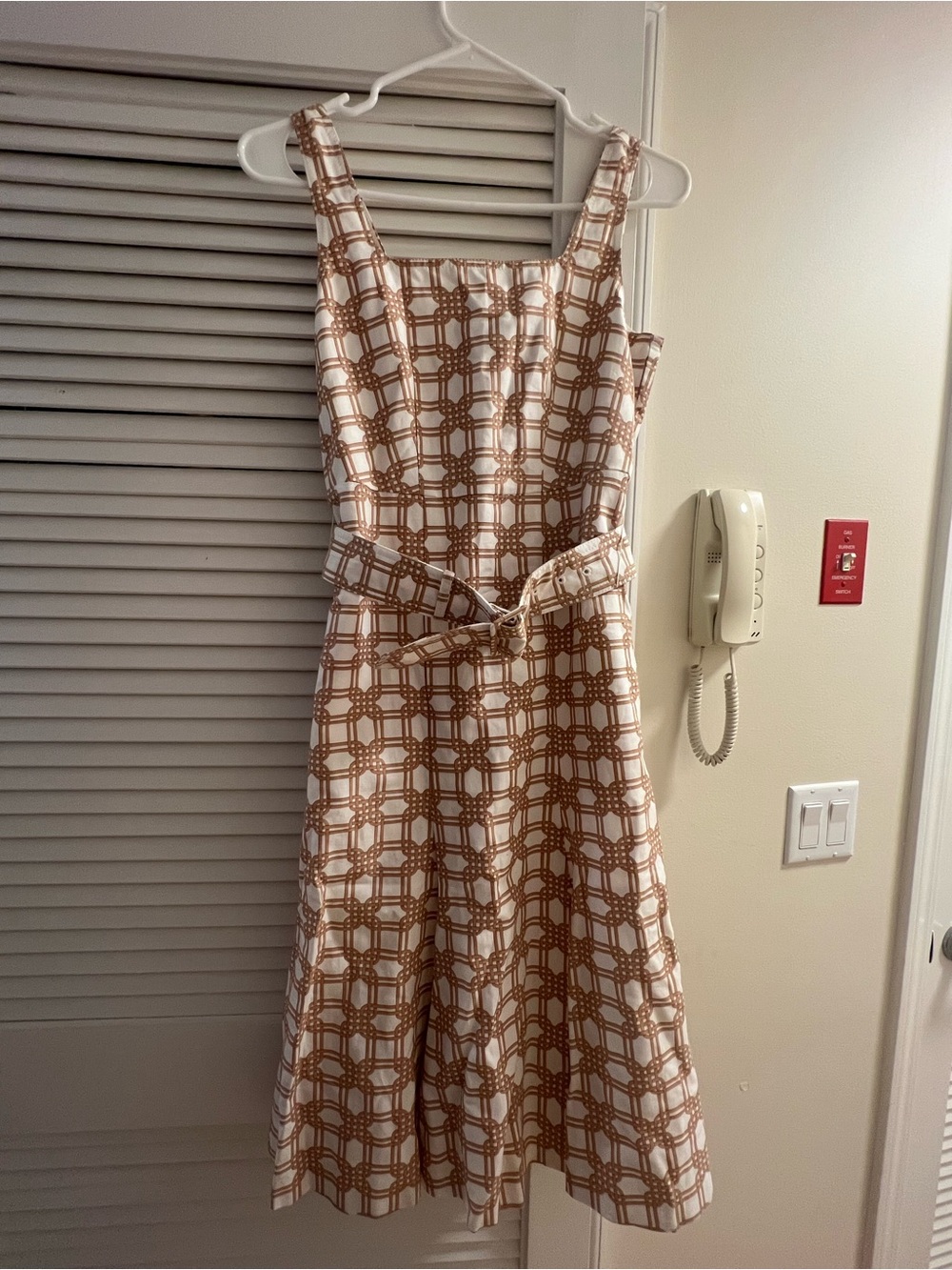 Ann Taylor Cream and Brown Plaid Midi Dress with Tie Waist